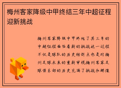 梅州客家降级中甲终结三年中超征程迎新挑战 梅州客家降级中甲终结三年中超征程迎新挑战