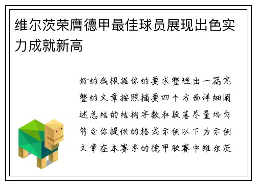 维尔茨荣膺德甲最佳球员展现出色实力成就新高