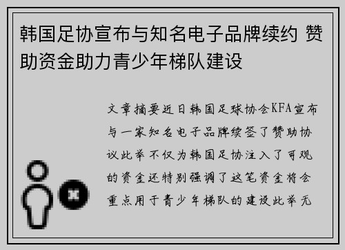 韩国足协宣布与知名电子品牌续约 赞助资金助力青少年梯队建设