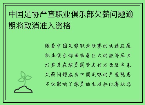 中国足协严查职业俱乐部欠薪问题逾期将取消准入资格 中国足协严查职业俱乐部欠薪问题逾期将取消准入资格